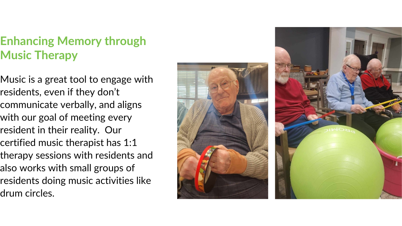 pictures of senior adults playing with musical instruments including a tambourine and drum sticks on an exercise ball for part of Browning Masonic Community's music therapy program