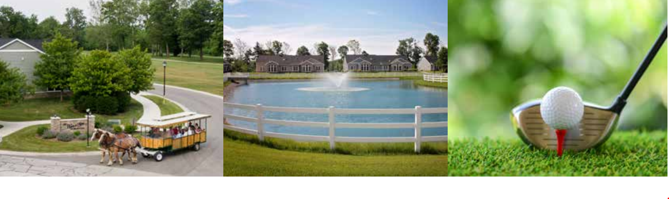 A collage of three images: a horse-drawn carriage with people riding along a curved road with trees around; a tranquil pond with a fountain and houses in the background; a close-up of a golf club about to hit a golf ball on a green grass course at an independent living community.