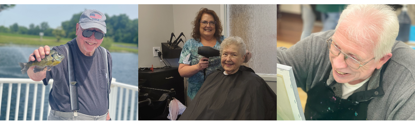 A collage of three images featuring elderly men: the first shows a man holding a fish near a body of water, the second depicts another man getting a haircut from a hairstylist, and the third captures an older man smiling while painting. These moments reflect life in an assisted living community.