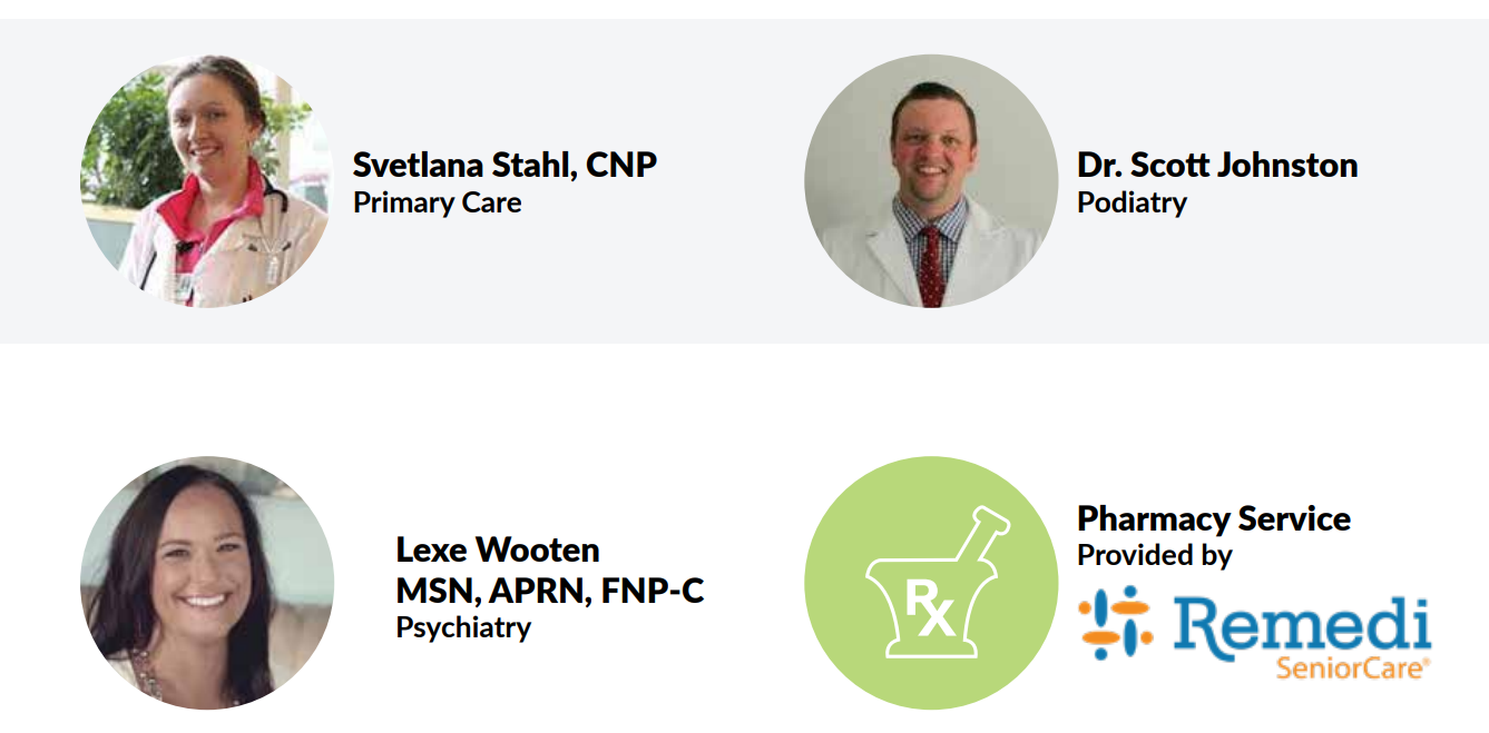 Flyer showcasing healthcare services for a senior living community. Features photos and titles of medical professionals: Svetlana Stahl, CNP (Primary Care); Dr. Scott Johnston (Podiatry); Lexe Wooten, MSN, APRN, FNP-C (Psychiatry). Includes Pharmacy Service by Remedi SeniorCare with specialized memory care options.