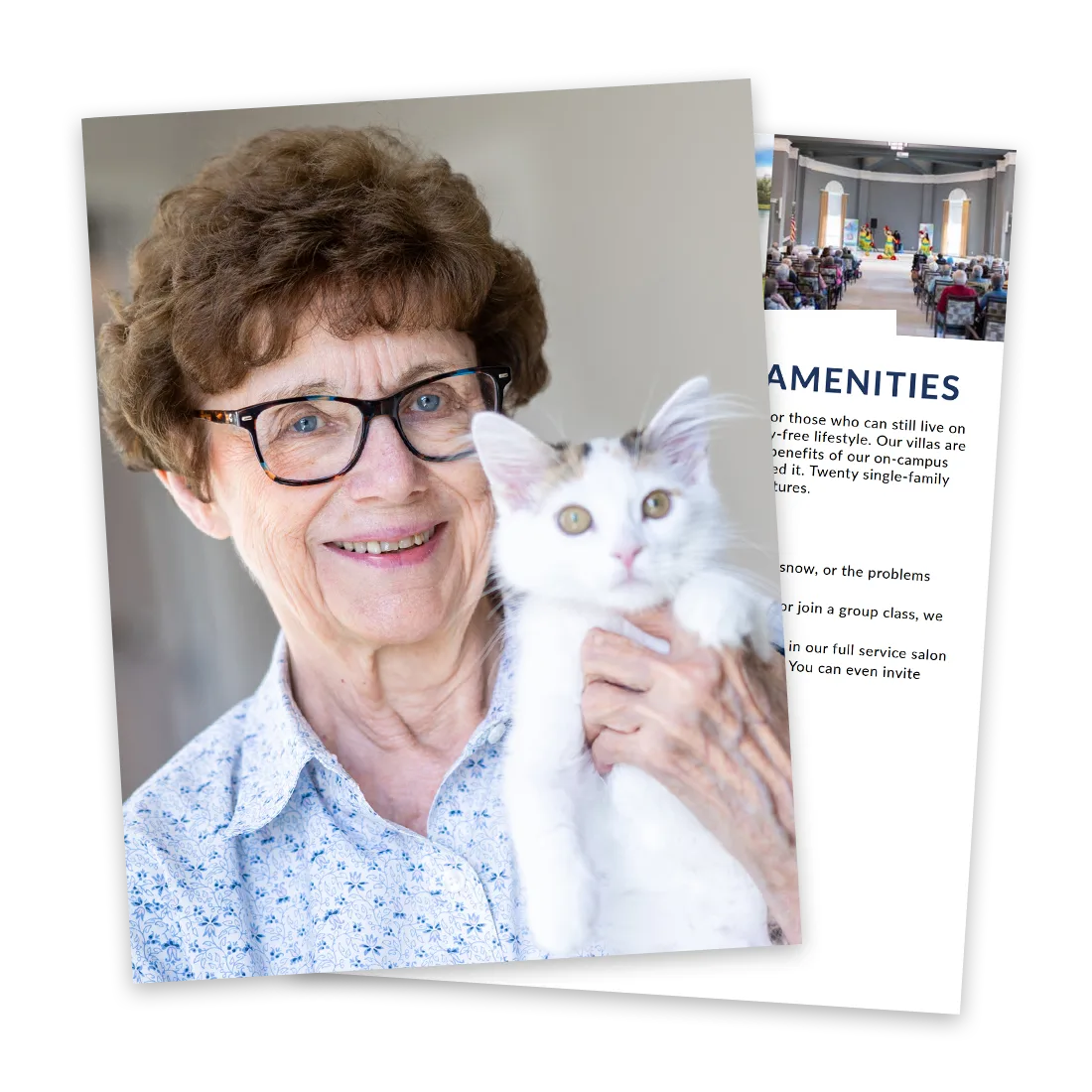 Older adult female holding a cat on a brochure cover