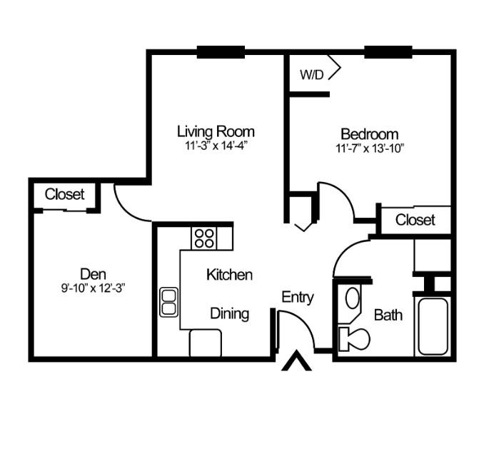 1-bedroom apartment floorplan with a den