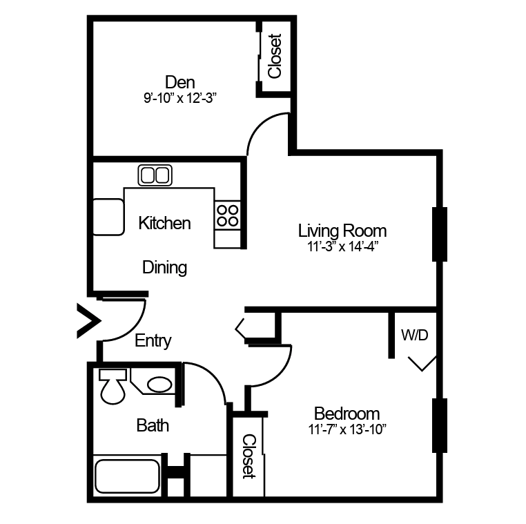 1-bedroom apartment and a den floorplan