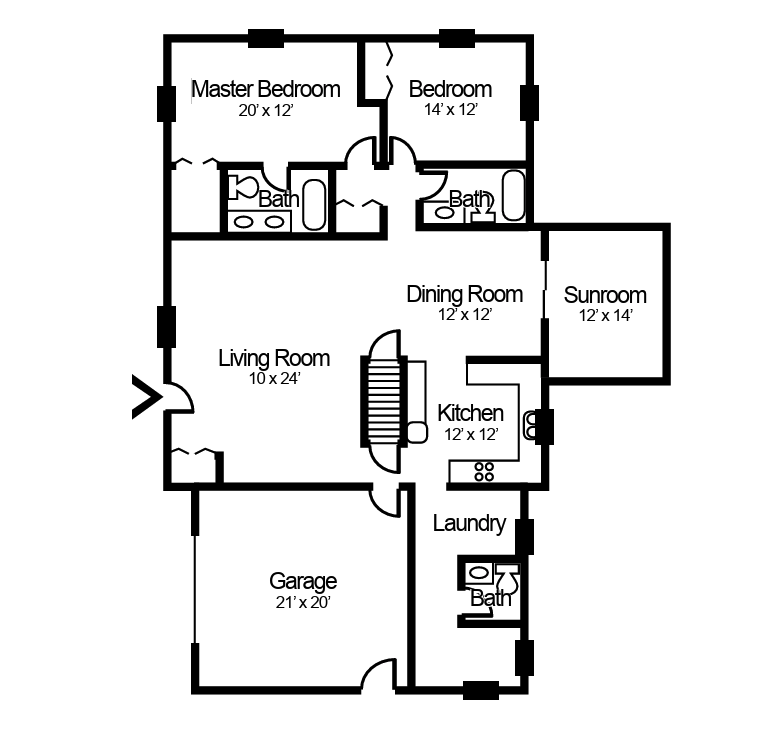 2-bedroom, 2-bathroom villa floorplan