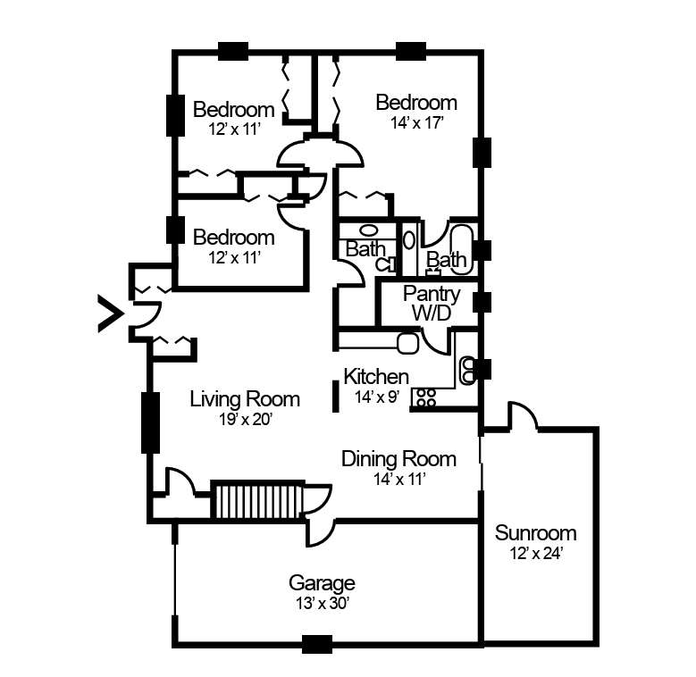 3-bedroom, 2-bathroom villa floorplan