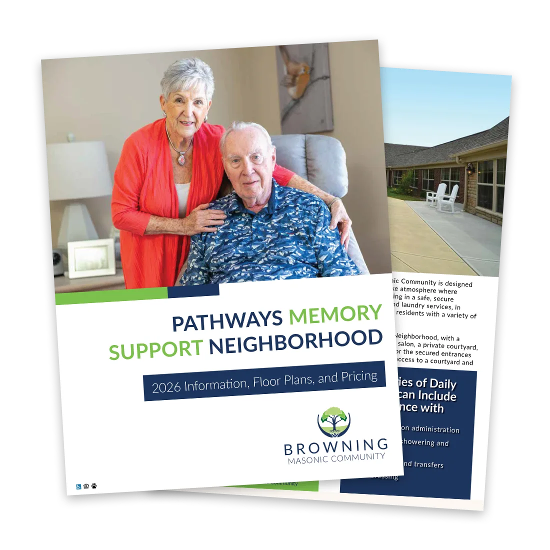 Memory support neighborhood brochure cover featuring an older adult female embracing an older adult male