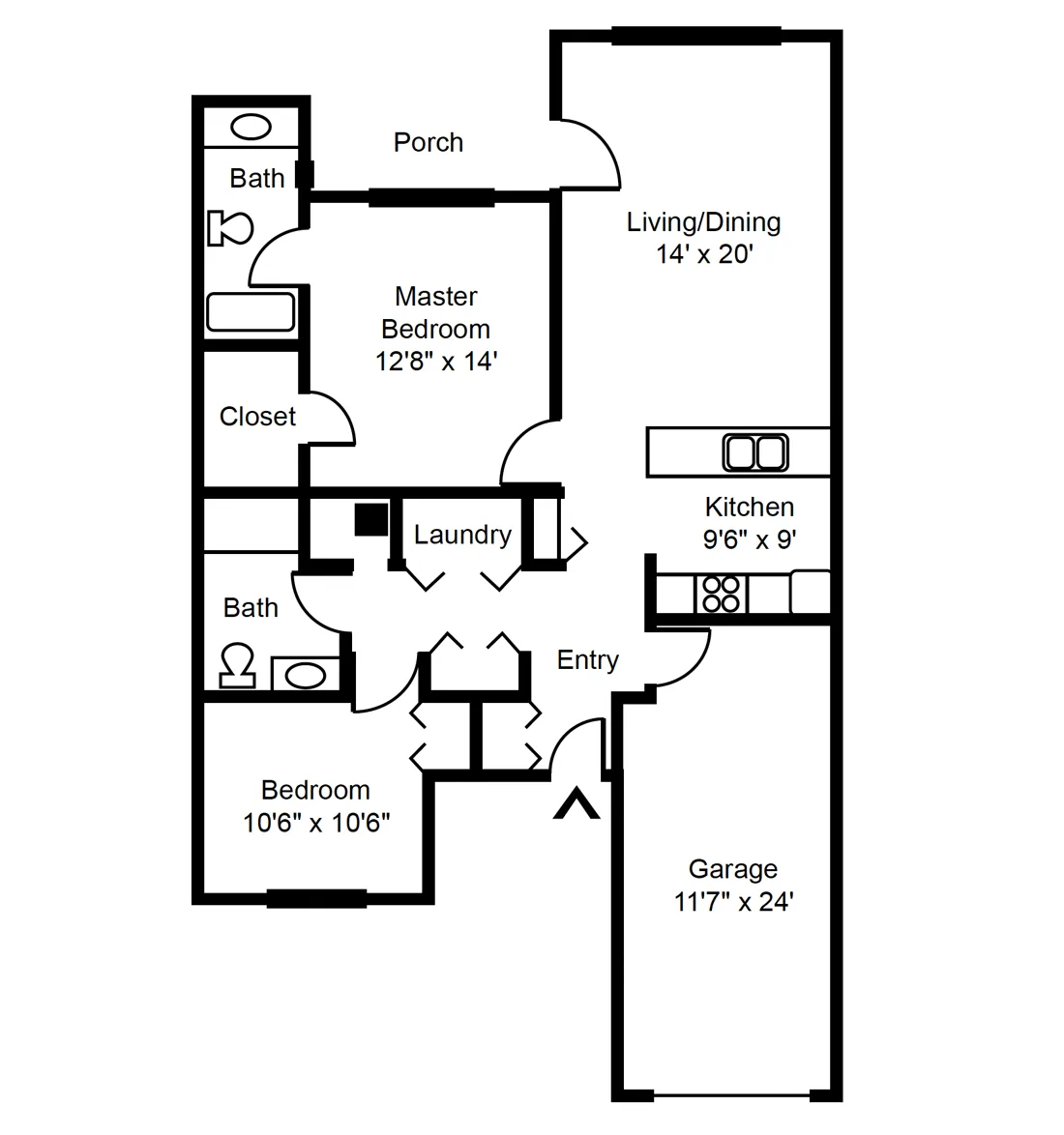 2-bedroom, 2-bathroom floorplan with an attached garage