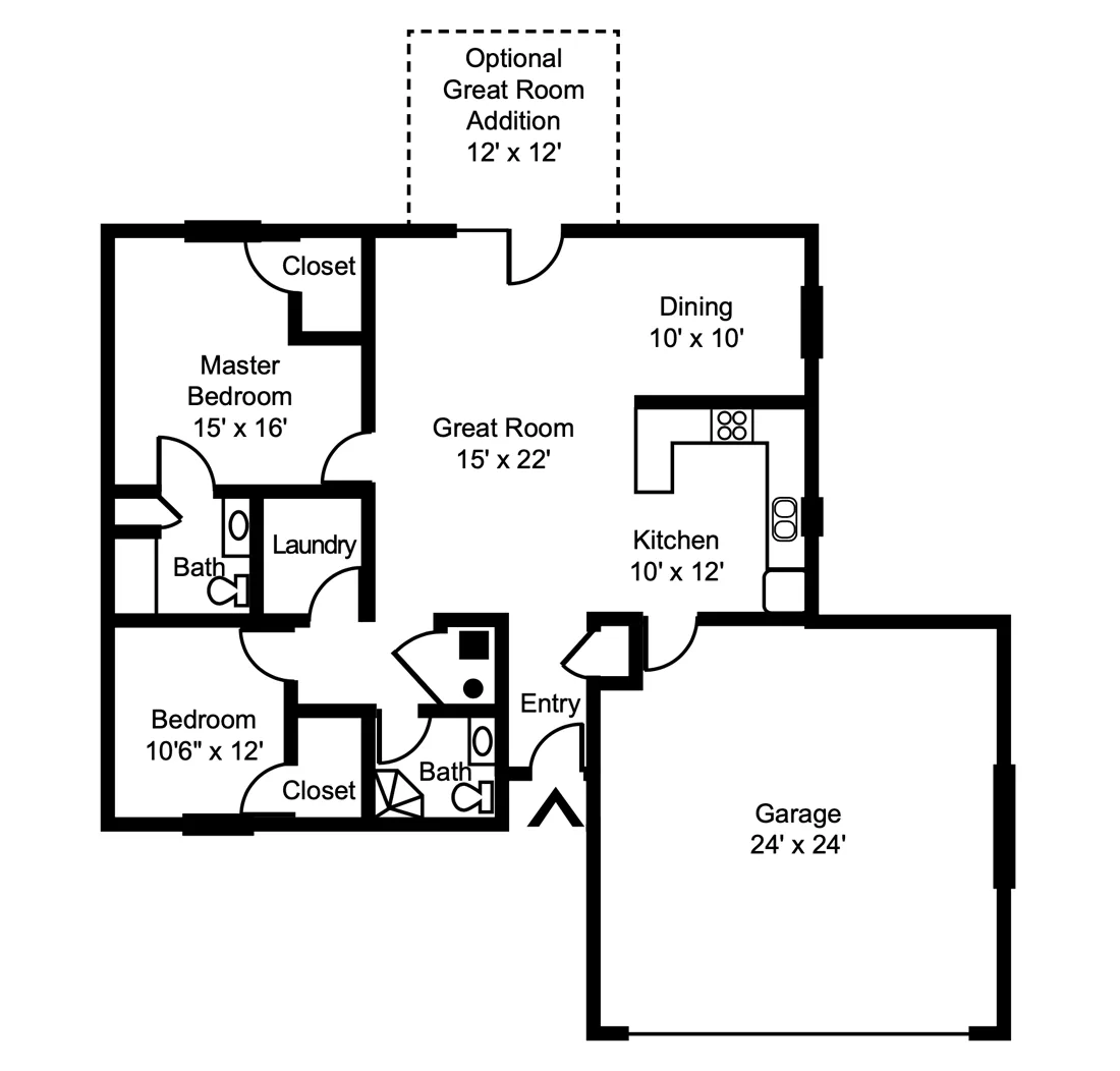 2-bedroom, 2-bathroom floorplan with an attached garage