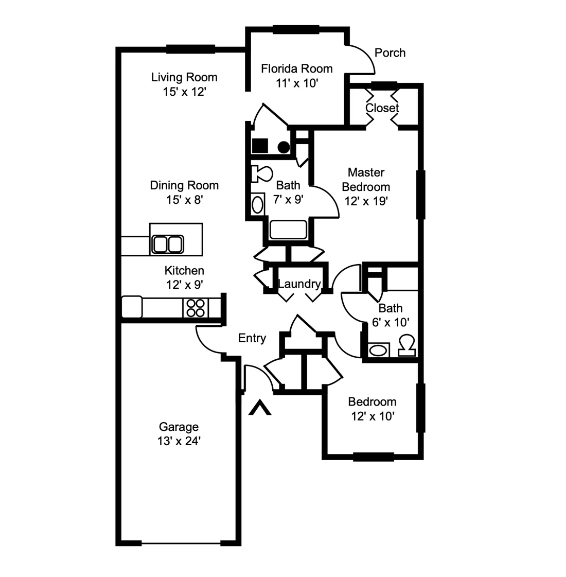 2-bedroom, 2-bathroom floorplan with an attached garage