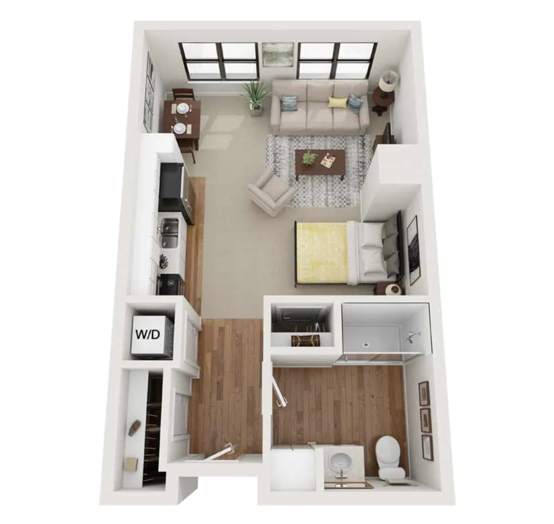 3D studio, 1-bathroom floorplan