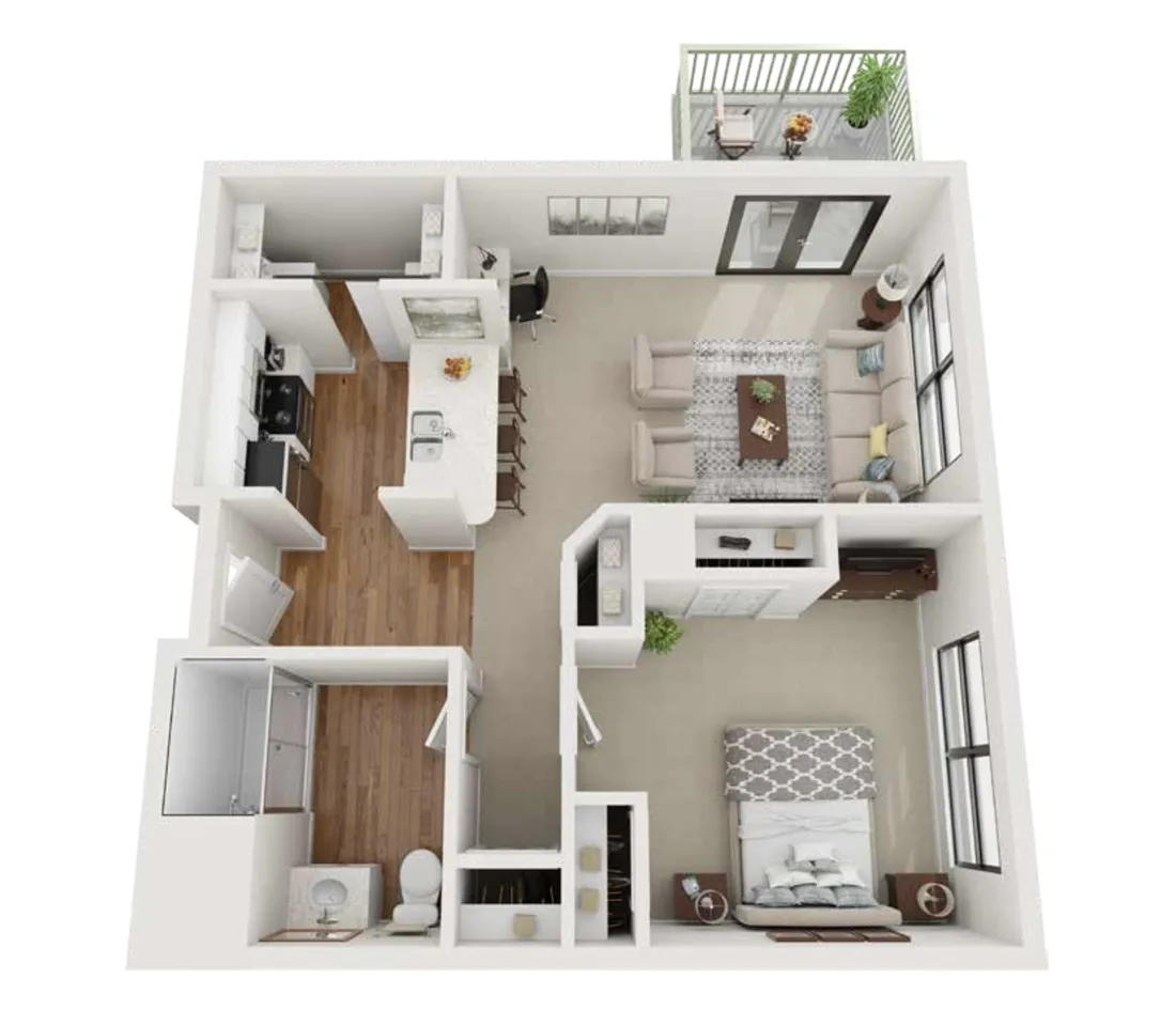 3D 1-bedroom, 1-bathroom floorplan