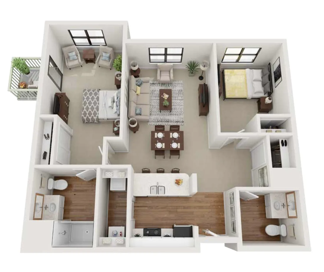 3D 2-bedroom, 2-bathroom floorplan