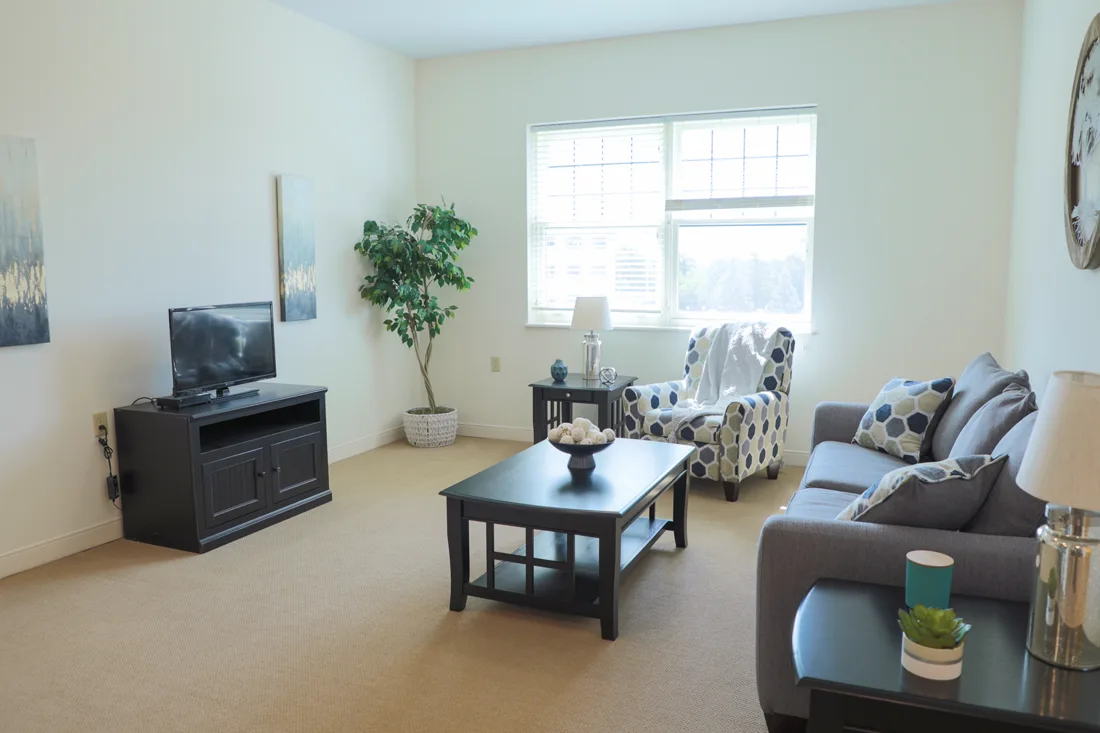 Living room with a couch, chair, tables, and a television