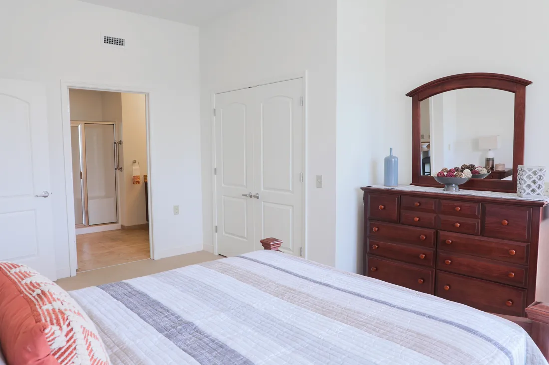 Large bedroom and attached bathroom with a shower