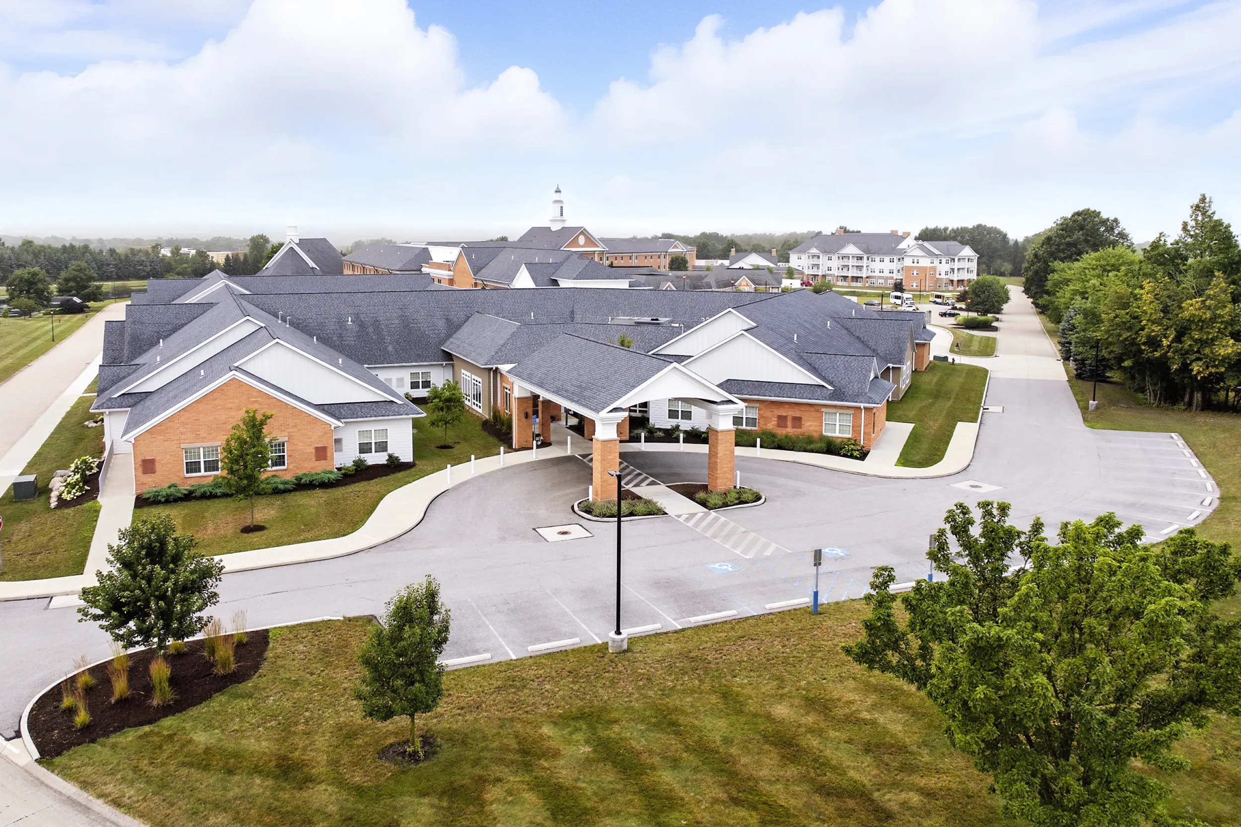Aerial view of healthcare center and senior living campus