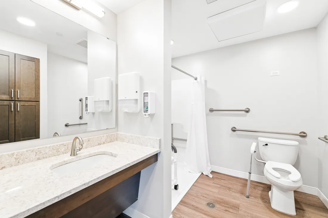 Accessible bathroom with a shower, toilet, and sink