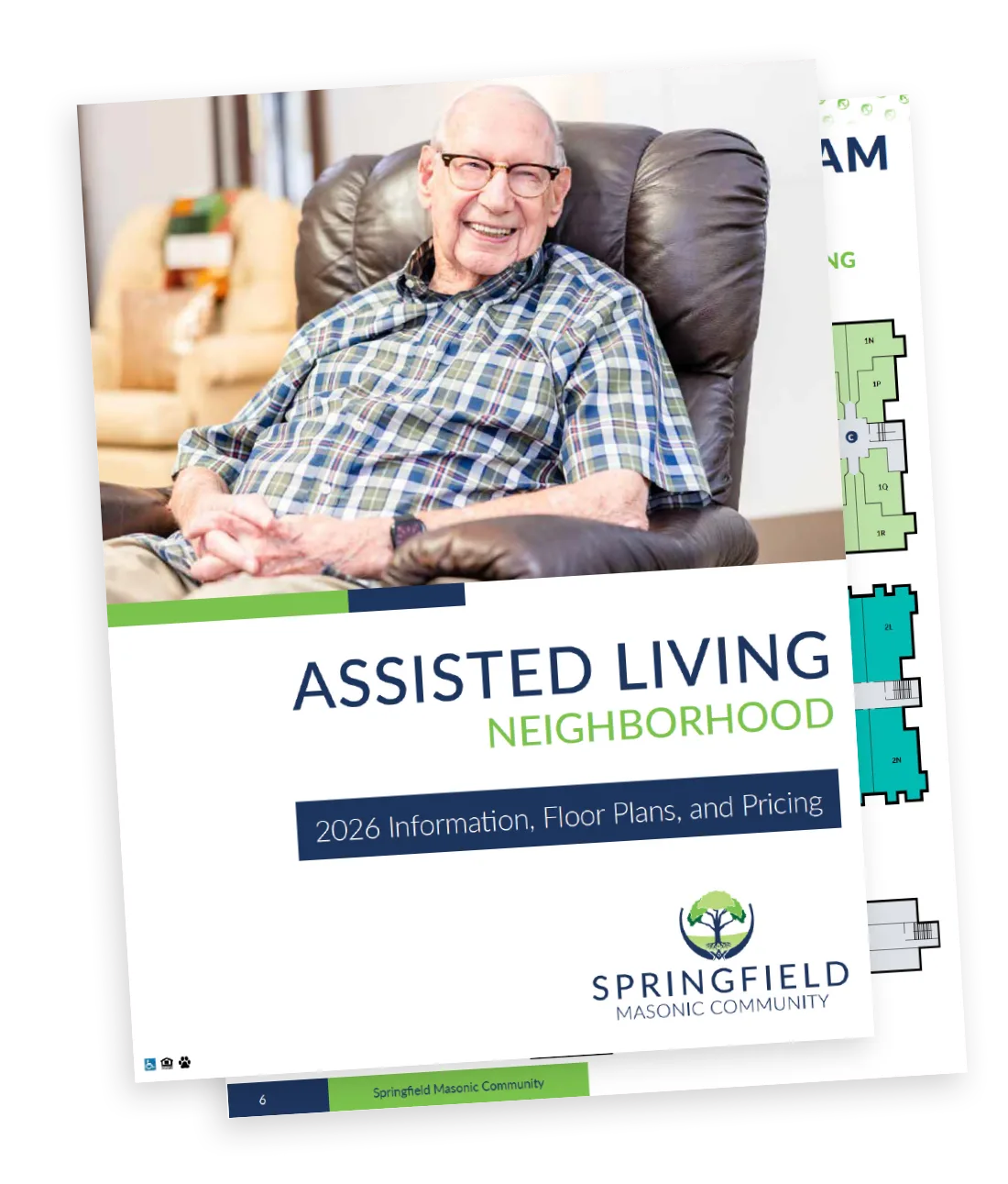 Assisted living brochure cover with older adult male sitting in a chair