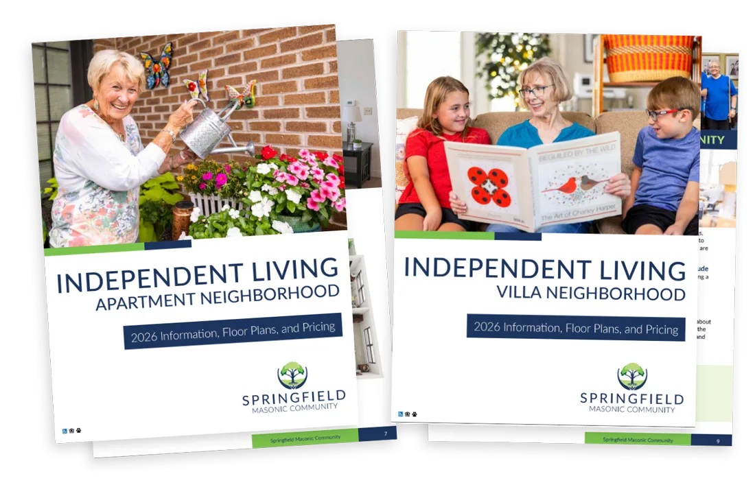 Brochure cover images of older adult females gardening and reading a book to young children