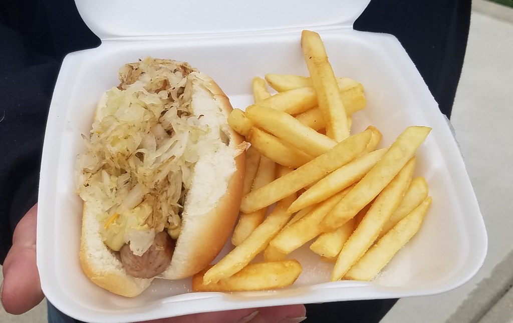 Close-up view of hot dog and fries in a to-go container