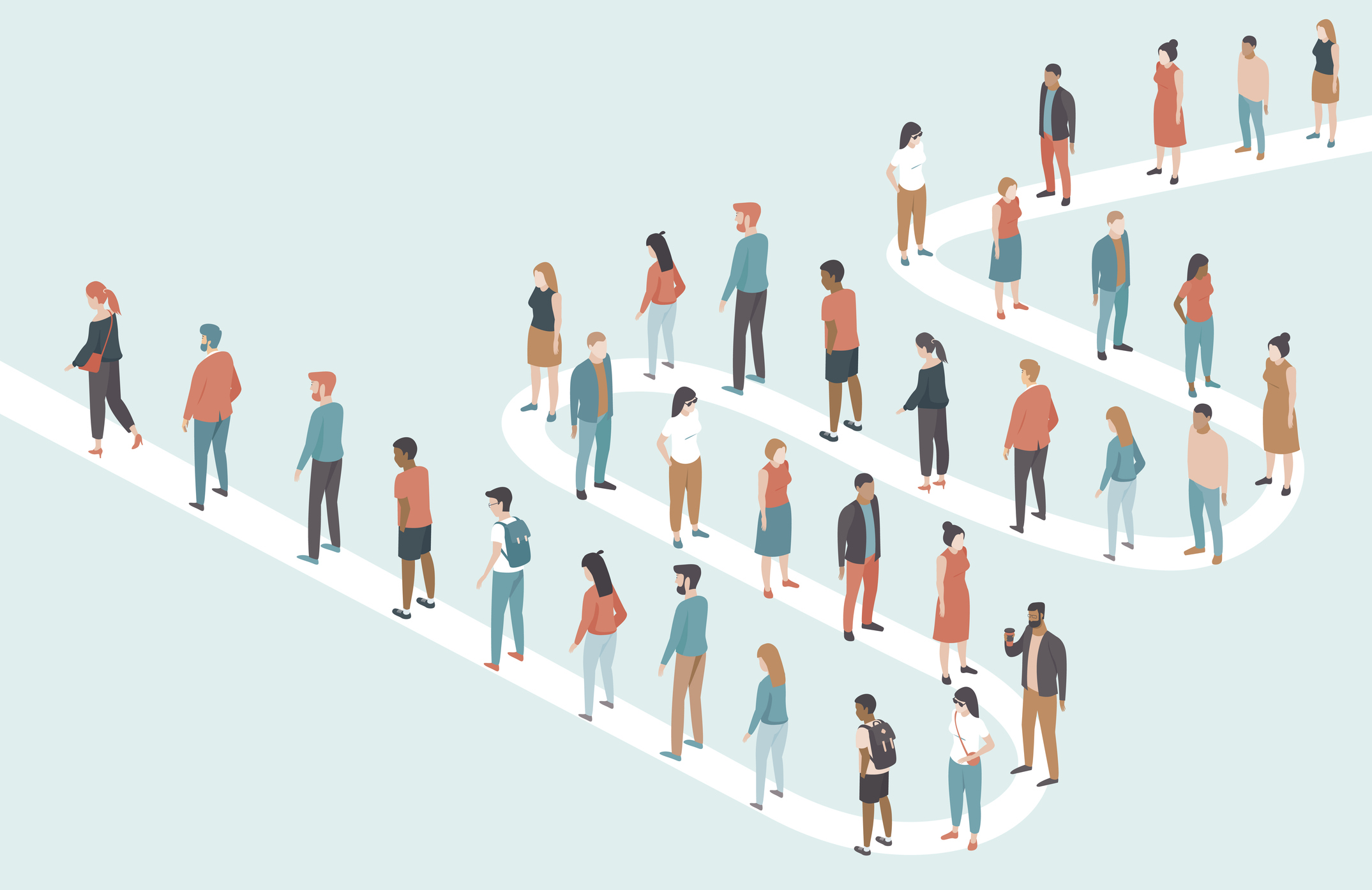 Graphic of large multiracial multiethnic group of people standing in long queues