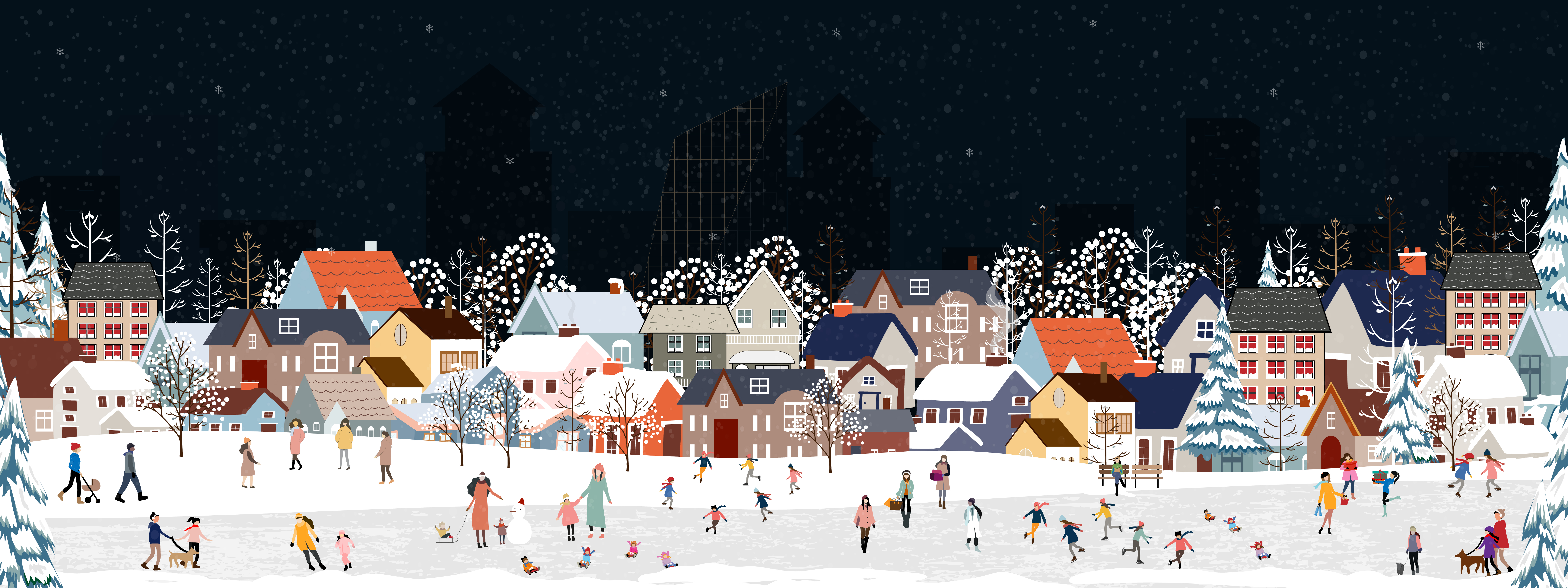 Graphic of a winter scene with large ice skating pond, ice skaters, and a village