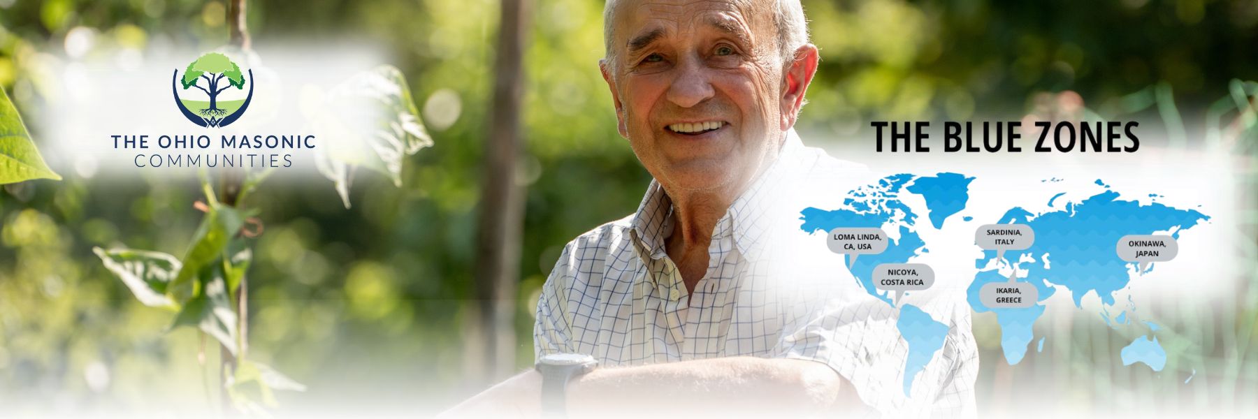 Older adult male with Blue Zones map of Loma Linda, Nicoya, Sardinia, Ikaria, and Okinawa