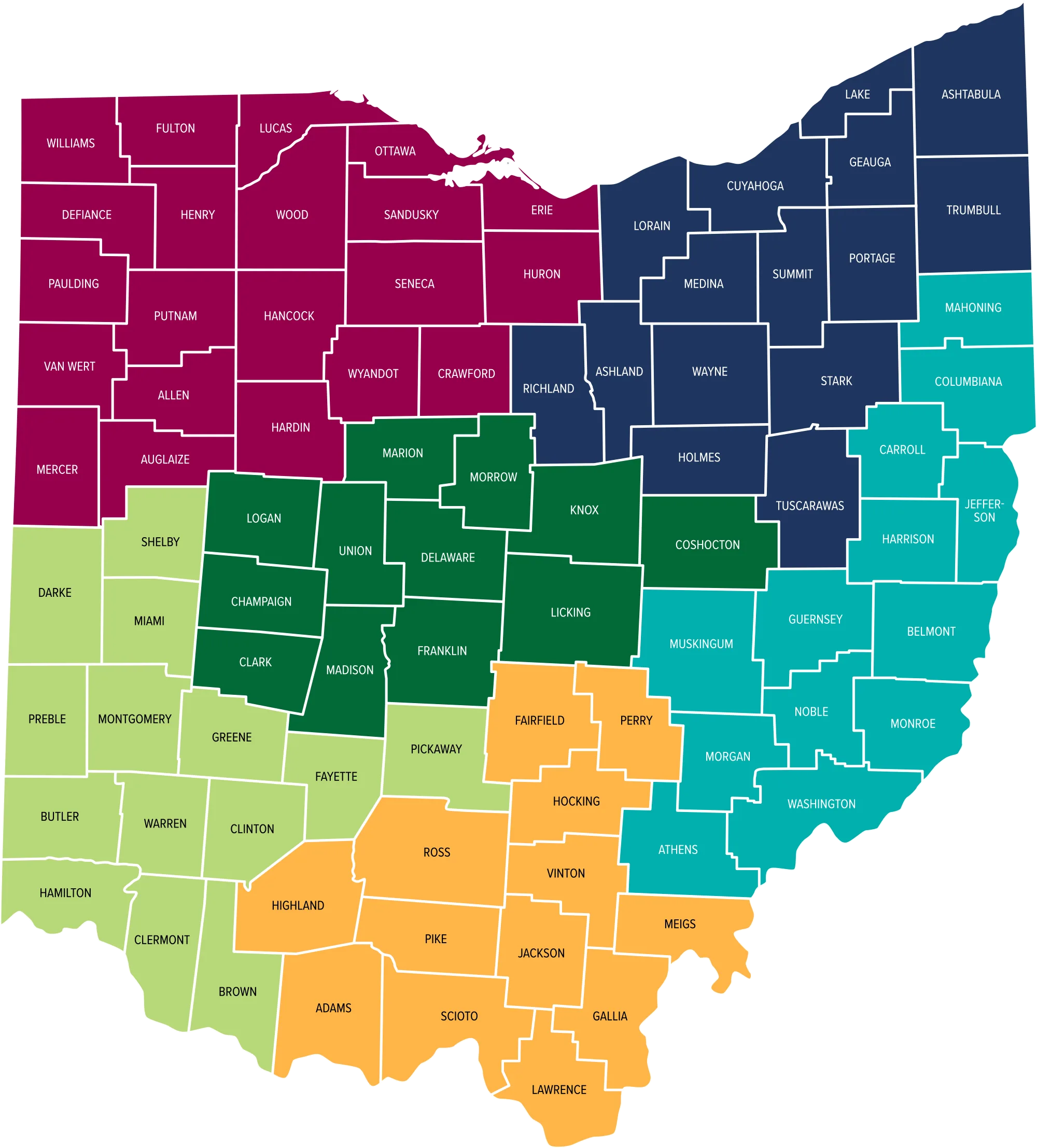Map of Ohio counties that are color coded by region